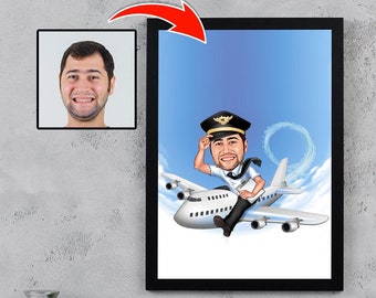 Cadeau de pilote, caricature de pilote personnalisée à partir d'une photo, oeuvre d'art drôle de pilote, portrait de pilote drôle, dessin de dessin animé de pilote unique, idées cadeaux aviation