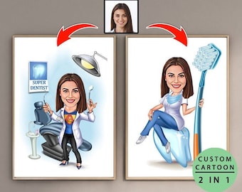 Custom Woman Dentist Cartoon Portrait, Dentist Portrait, Gift for Dentist, Dentist Gift, Dentist Cartoon, Dentist Caricature, Female Dentist