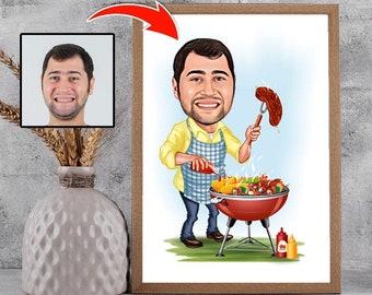 Caricatura de barbacoa de foto, Regalo divertido de barbacoa para hombres, Regalo de barbacoa o parrilla para papá, Dibujo de dibujos animados de barbacoa, Regalo para amantes de la barbacoa, Regalo para fumadores de barbacoa