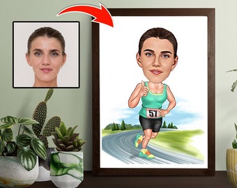 Caricatura de jogger femenina de la foto, regalo de jogging para mujeres, arte de jogging, regalo de jogging divertido, dibujos animados de jogging únicos, regalo de jogging para ella