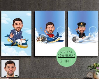 3 EN 1 - Cadeau pilote pour hommes, cadeau de dessin animé sur le thème du pilote, cadeau numérique pilote pour lui, cadeau de caricature pilote à partir d’une photo, cadeau d’aviation drôle