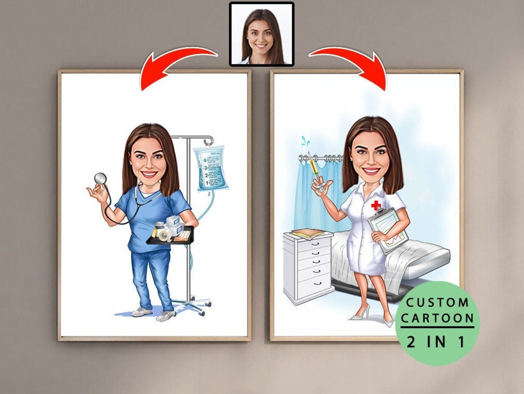 Custom Nurse Cartoon Portrait, Nurse Portrait, Gift for Nurse, Custom ...