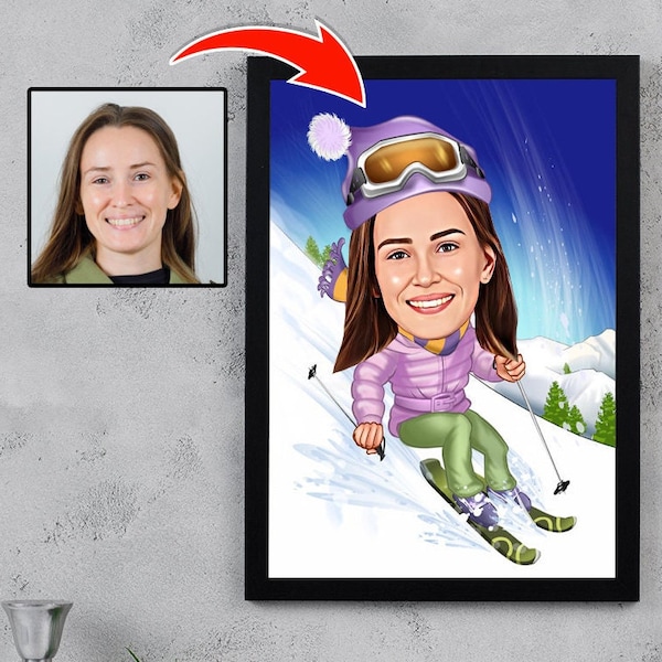 Aangepaste skiër cartoon portret, skiër karikatuur, cadeau voor vrouw skiër, skiër cartoon, grappige skiër karikatuur van foto, aangepaste skiën cadeau