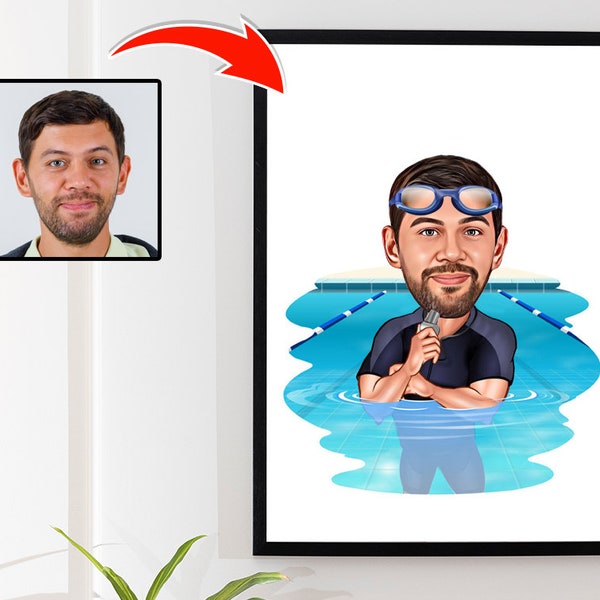 Custom Swimming Coach Cartoon Portrait, Swimming Coach Caricature, Gift for Male Swimming Coach, Funny Swim Instructor Caricature from Photo