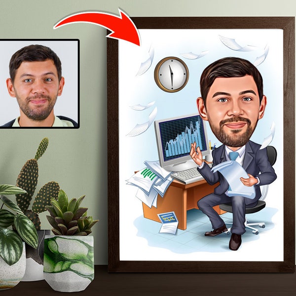 Regalo de compañero de trabajo para hombres, caricatura de compañero de trabajo masculino de foto, arte de compañero de trabajo, retrato divertido de compañero de trabajo, dibujo de dibujos animados de compañero de trabajo en la oficina