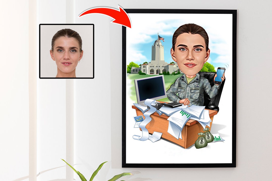 Female Soldier Caricature Drawing From Photo, Custom Soldier Cartoon