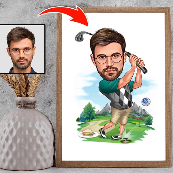 Cadeau de golfeur, Caricature de golfeur à partir d’une photo, Art de dessin de golfeur drôle, Portrait numérique de golfeur drôle, Dessin de dessin animé de golfeur, Cadeau de golf pour hommes