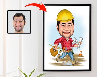 Construction Worker Caricature Drawing from Photo, Funny Construction Worker Gift for Men, Construction Worker Cartoon