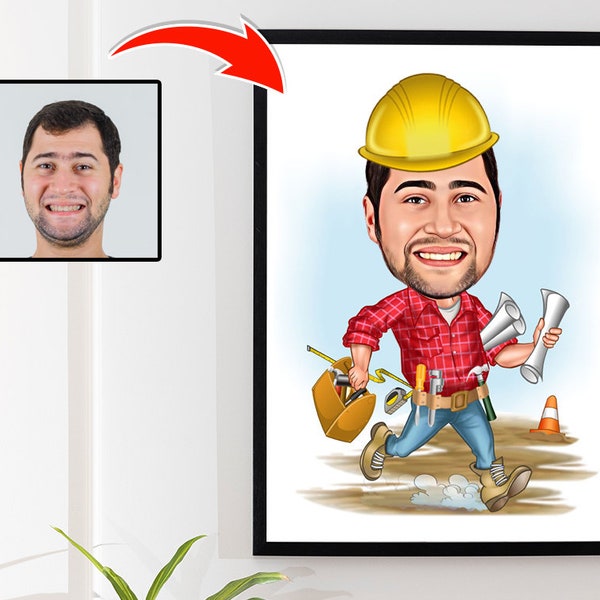 Dessin de caricature d’ouvrier de la construction à partir d’une photo, cadeau drôle d’ouvrier de la construction pour les hommes, dessin animé d’ouvrier de la construction
