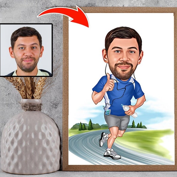 Retrato personalizado de dibujos animados de carrera de maratón, regalo para corredor de maratón masculino, caricatura de jefe divertido de la foto, arte de pared de carrera de maratón