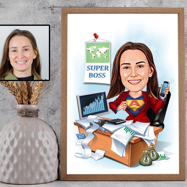 Cadeau de patron féminin pour les femmes, caricature de patron féminin à partir d’une photo, cadeau drôle de patron dame, portrait drôle de patron dame pour le bureau, dessin animé patron dame