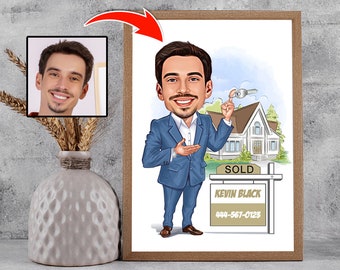 Realtor Gift for Men, Custom Realtor Caricature from Photo, Funny Real Estate Sales Agent Gift, Male Realtor Cartoon Drawing Portrait
