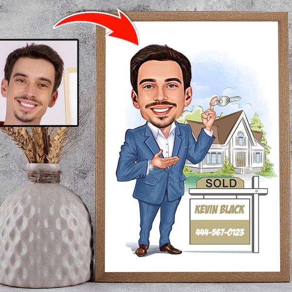 Cadeau agent immobilier pour homme, caricature personnalisée d'agent immobilier à partir d'une photo, cadeau drôle d'agent immobilier, portrait dessin dessin animé homme agent immobilier