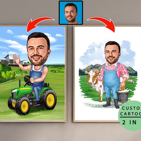 Retrato de dibujos animados de granjero personalizado, caricatura de granjero, regalo de granjero, dibujos animados de granjero, caricatura de granjero de foto, caricatura de granjero divertido