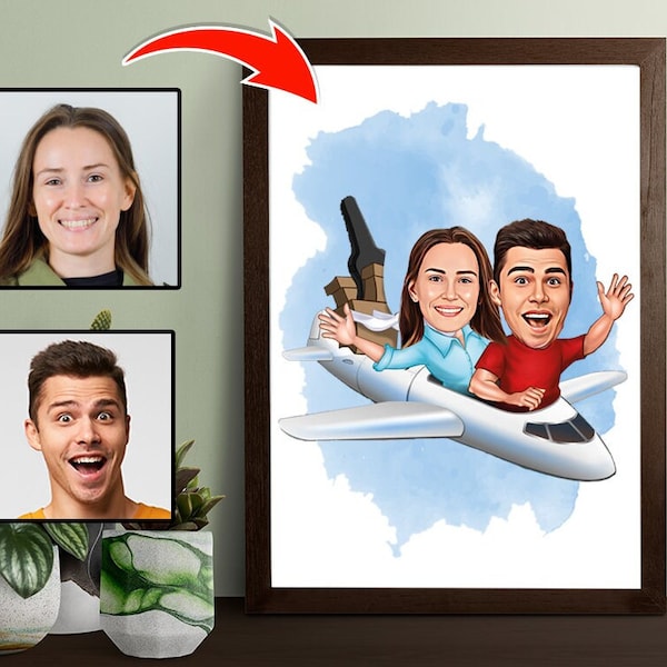 Custom Traveling Couple Cartoon Portrait from Photo, Traveling Couple Caricature Portrait Drawing,  Funny Traveling Couple Gift Ideas