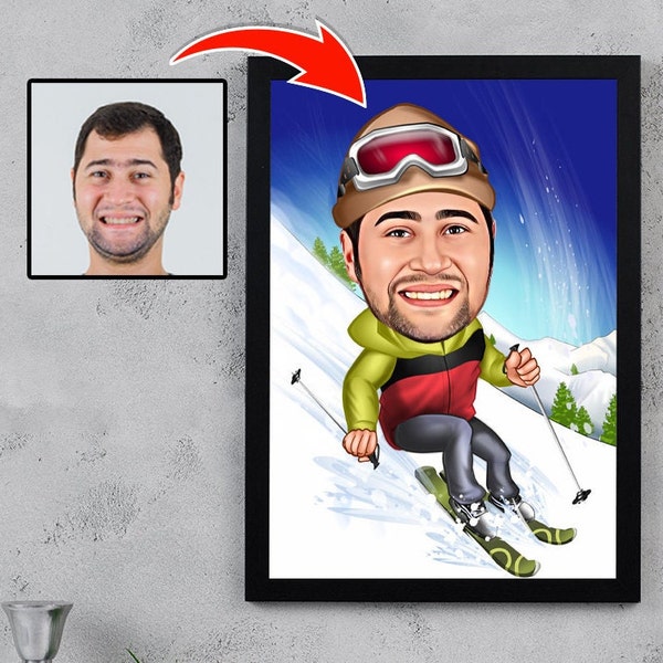 Benutzerdefiniertes Skifahrer-Karikatur-Porträt, Skier-Karikatur, Geschenk für männlichen Skifahrer, Skier-Karikatur, lustige Skier-Karikatur vom Foto, benutzerdefiniertes Skifahrergeschenk