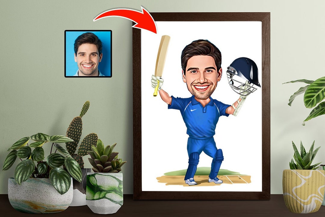 Cricket Cartoon Drawing From Photo for Men, Cricket Player Gift for Men
