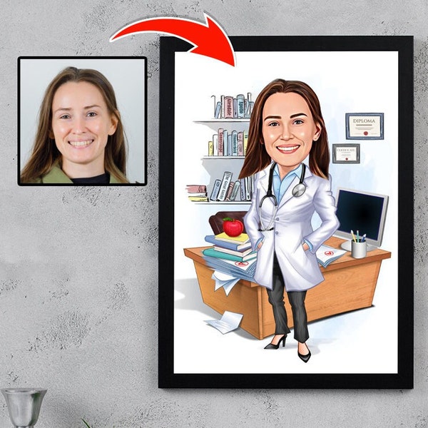 Retrato personalizado de dibujos animados del consultorio médico, caricatura del consultorio médico, regalo de consultorio médico femenino, dibujos animados del consultorio médico, caricatura divertida del médico