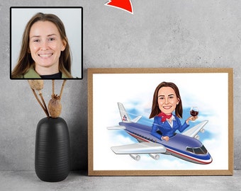 Portrait personnalisé de dessin animé de pilote, caricature de pilote, cadeau pour femme pilote, dessin animé de pilote, caricature de pilote drôle à partir d'une photo, idée cadeau aviation
