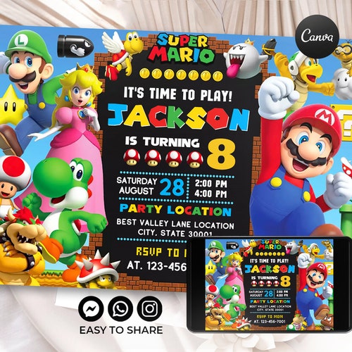 Super Mario Birthday Invitation Digital Card Printable - Etsy