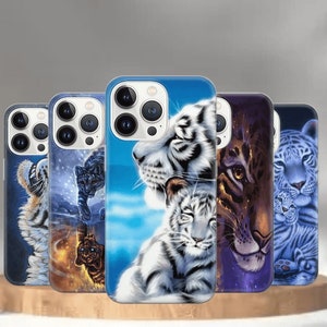 May include: Set of six iPhone cases featuring different animal designs. The cases are clear and show a white tiger, a black tiger, a blue tiger, a black panther, a purple tiger, and a white tiger with a cub.
