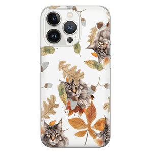 May include: A white phone case with a pattern of brown and gray cats, fall leaves, and acorns.