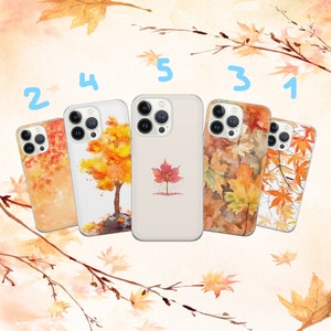 May include: Five different iPhone cases with autumn-themed designs. The cases feature watercolor illustrations of leaves, trees, and a maple leaf. The cases are numbered 1 through 5.
