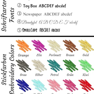 May include: A graphic showcasing embroidery fonts and colors. The fonts include Easy Hand, Toy Box, Newspaper, Beautyful, and SMALLCAPS. The color options are orange, lila, perlmutt, brown, gold, gray, silver, petrol, green, kiwi, blue, light blue, pink, and red.