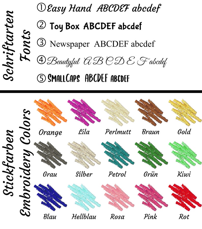May include: A graphic showcasing embroidery fonts and colors. The fonts include Easy Hand, Toy Box, Newspaper, Beautyful, and SMALLCAPS. The color options are orange, lila, perlmutt, brown, gold, gray, silver, petrol, green, kiwi, blue, light blue, pink, and red.
