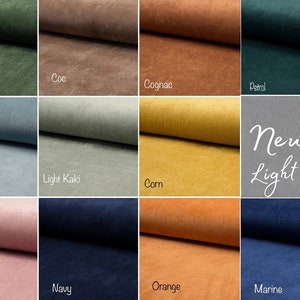 May include: A color palette featuring swatches of fabric in various shades. Colors include green, brown, blue, yellow, pink, and navy. The text "New: Light Grey" is displayed on a gray swatch. The fabric swatches are for upholstery or textile design.