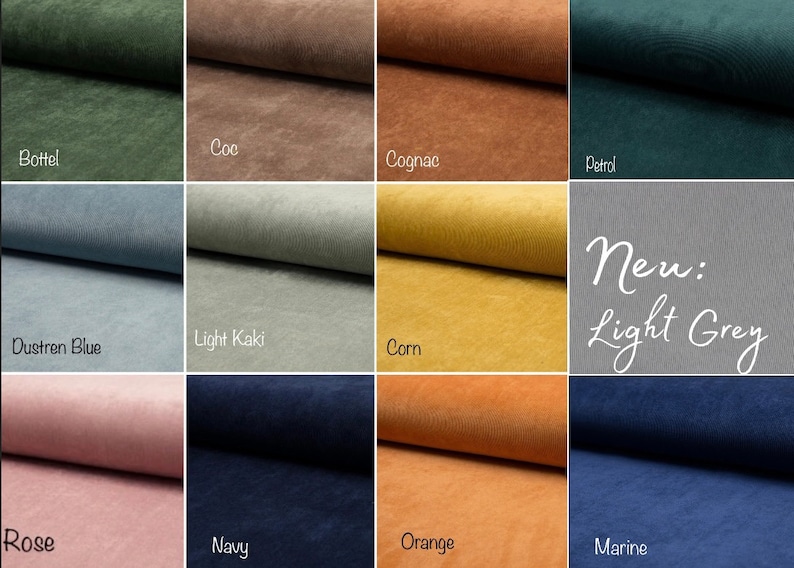 May include: A color palette featuring swatches of fabric in various shades. Colors include green, brown, blue, yellow, pink, and navy. The text "New: Light Grey" is displayed on a gray swatch. The fabric swatches are for upholstery or textile design.