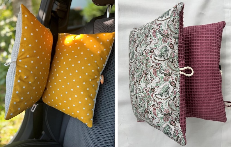 Puede incluir: Dos almohadas para reposacabezas de asiento de coche. Un par es amarillo con lunares blancos, el otro es un estampado de cachemira con un tejido de gofre burdeos. Cada almohada tiene una atadura de cord&oacute;n blanco.