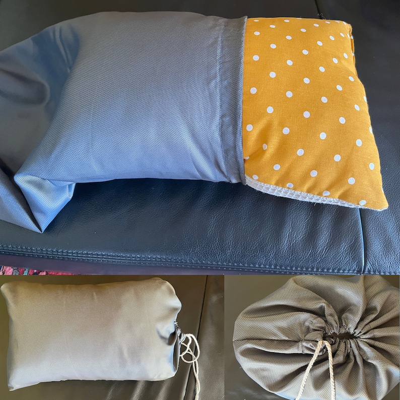 Puede incluir: Una funda de almohada gris con una almohada de lunares amarillo mostaza en el interior. La funda de almohada est&aacute; doblada, revelando la almohada estampada. Im&aacute;genes adicionales muestran la funda de almohada cerrada con un cord&oacute;n y una cremallera.