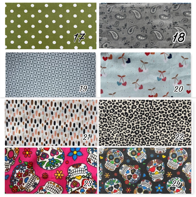 Puede incluir: Una colecci&oacute;n de muestras de tela con varios patrones. Los dise&ntilde;os incluyen lunares blancos sobre verde, paisley, geom&eacute;tricos, cerezas, puntos abstractos, estampado de leopardo y calaveras de az&uacute;car. Los n&uacute;meros 17-24 son visibles en las muestras.