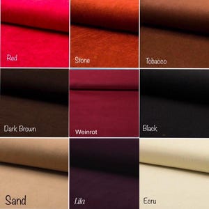 May include: A color palette showcasing nine fabric swatches. The colors include red, stone, tobacco, dark brown, weinrot, black, sand, lila, and ecru. Each swatch is labeled with its respective color name in a handwritten font.