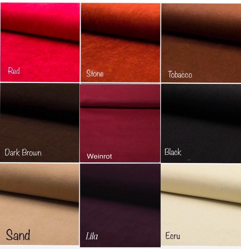 May include: A color palette showcasing nine fabric swatches. The colors include red, stone, tobacco, dark brown, weinrot, black, sand, lila, and ecru. Each swatch is labeled with its respective color name in a handwritten font.