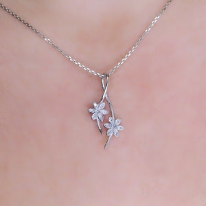 Silver necklace twigs with flowers, Sterling Silver 925 with crystals