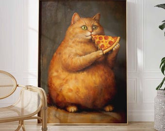 Cute Fat Cat Eating Pizza | Funny Oil Painting Style Wall Art for Cat Lovers & Foodies, Kitchen Wall Art, Restaurant and Pizzeria Decor