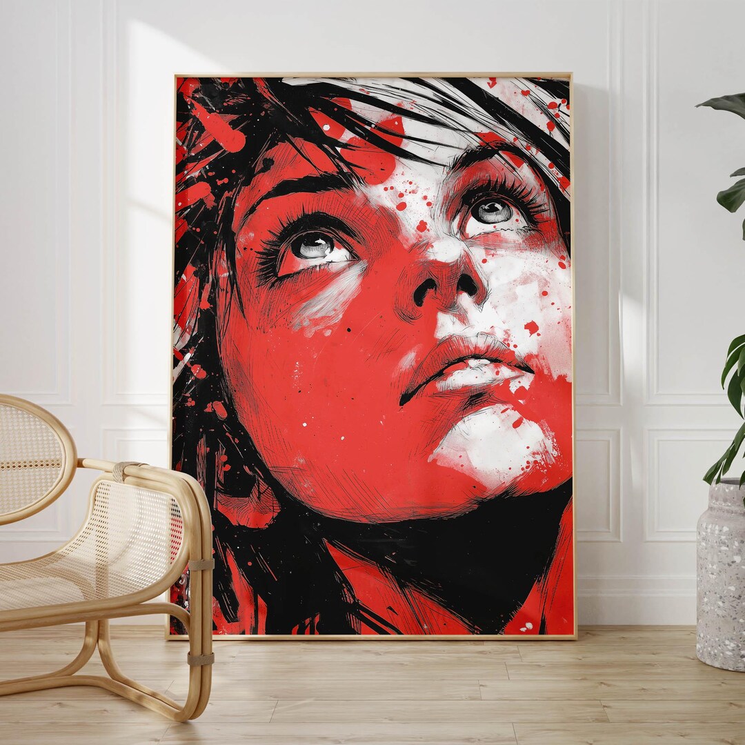 Red Portrait Art Print, Modern Woman Wall Decor, Bold Abstract Artwork ...