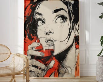 Chic Woman with Wine Wall Art | Modern Pop Art Home Decor, Vibrant Kitchen and Bar Art, Gift for Cocktail Lovers, Bold Feminine Energy Gift