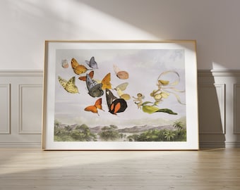 Butterflies and Fairies | Fantasy Wall Art, Vintage Illustration for Children, Horizontal Butterfly Poster, Nursery Wall Art, Cute Wall Art