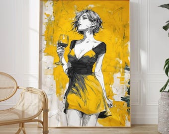 Party Girl Art Print | Woman with Wine Poster, It Girl Wall Art, Feminine Bedroom Decor, Grunge Illustration, Bold Woman Gift for Her