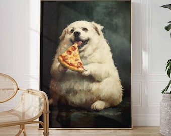 Dog Eating Pizza Poster | Funny Dog Wall Art, Pizza Lover Gift, Dog Mom Gift, Quirky Kitchen Decor, Pizzeria Wall Art