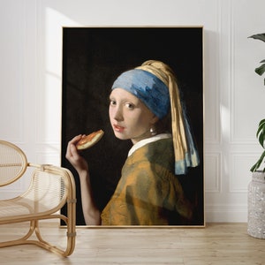 Woman Eating Pizza In the 1600s | Girl with a Pearl Earring, Pizza Birthday Gift, Pizza Art, Restaurant Wall Art, Bar Decor, Pizzeria Decor