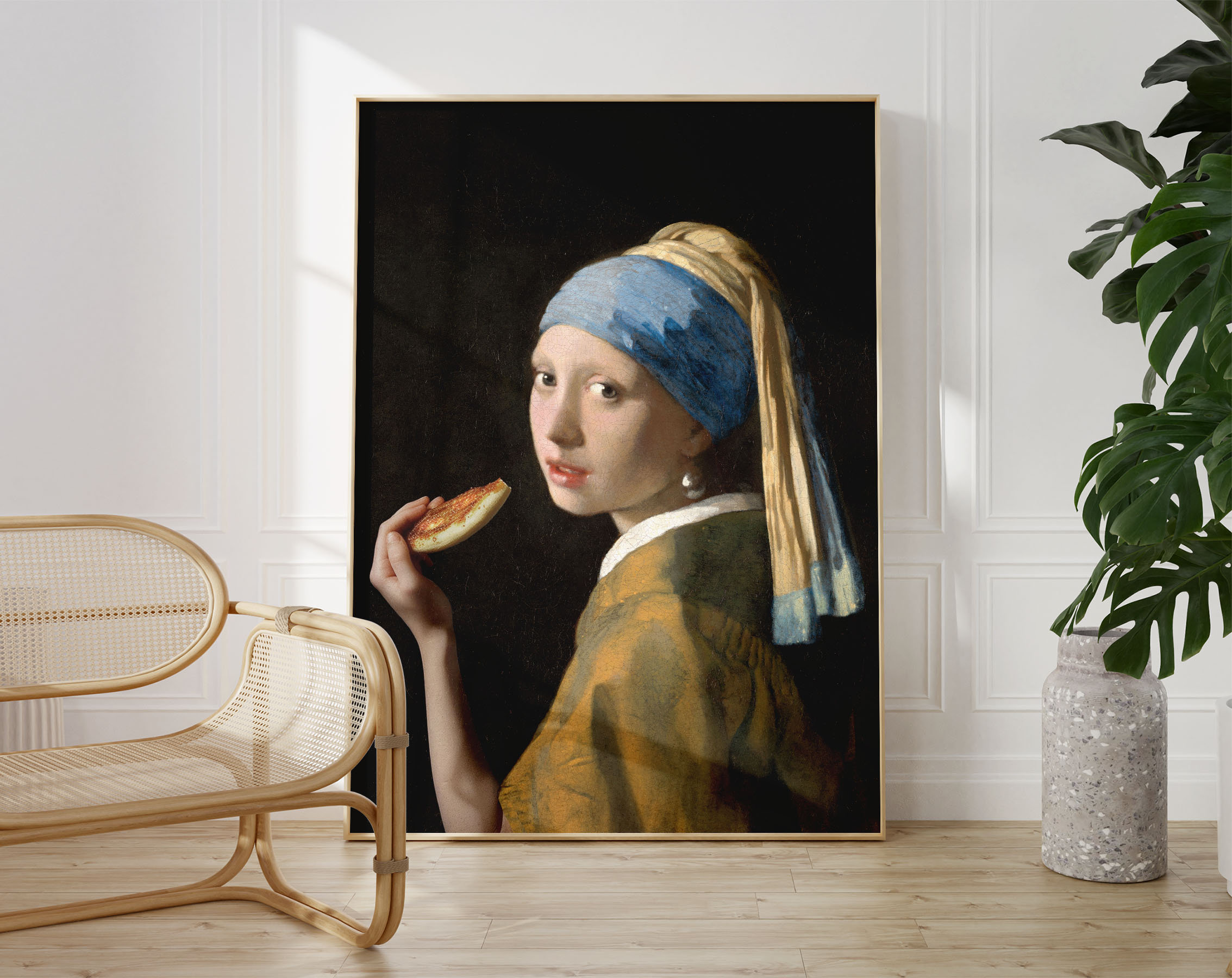 Woman Eating Pizza In the 1600s | Girl with a Pearl Earring, Pizza Birthday Gift, Pizza Art, Restaurant Wall Art, Bar Decor, Pizzeria Decor