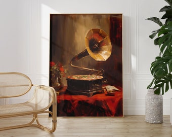 May include: A vintage gramophone with a large, golden horn plays a record. The gramophone is on a red tablecloth with a vase of red flowers in the background.