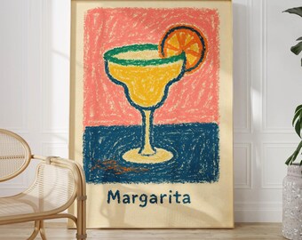 Margarita Poster | Colorful Cocktail Art Print, Crayon Style Bar Decor, Lime Tequila Drink Illustration, Fun Kitchen Wall Art
