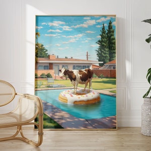 Funny Cow and a Donut | Playful Art for Your Happy Space, Donut Art, Cartoon Cow, Funny Gift for Animal and Food Lovers, Donut Shop Art