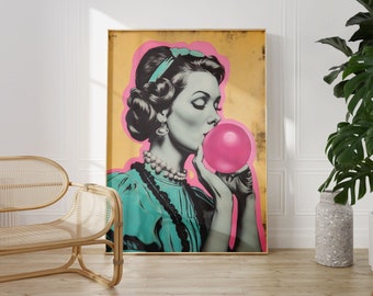 Bubblegum Retro Art Print | Vintage Illustration Woman, Colorful Funny Wall Art, Quirky Bedroom Decor, Fun Gift for Her, Pop Art Poster