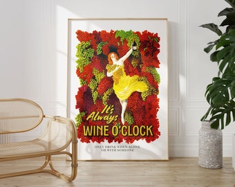 Wine O'Clock Art Print | Funny Wine Quote, Vintage Wine Poster, Wine Lover Gift, Wine Wall Art, Funny Birthday Gift, Kitchen Bar Decor